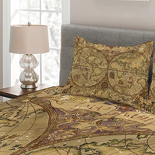 Ambesonne Vintage Coverlet, Pirate Adventures Style Old World Map Medieval Cartography with Mystic, 3 Piece Decorative Quilted Bedspread Set with 2 Pillow Shams, Queen Size, Tan and Caramel