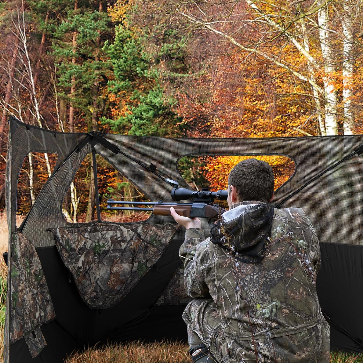 Hunting Blind 2-Panel Pop Up Ground Hunting Blind with 3 Through Ports, Camo Concealment, Brush-in Loops, High Wind Stability, Easy-Setup Hunting Fence for Deer Turkey