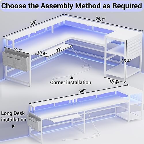 SEDETA L Shaped Gaming Desk, Reversible Computer Desk, Gaming Desk with Power Outlets & LED Strip, Monitor Shelf, Keyboard Tray, Pegboard and Storage Shelves for Home Office, Black