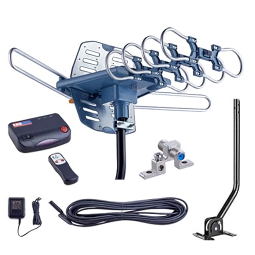 Digital Amplified Outdoor TV Antenna - Long Range, 360° Rotation, Supports 2 TVs - 4K 1080P VHF UHF - Wireless Remote, Mounting Pole, 40ft RG6 Coax Cable - Perfect for Roof and Outdoor Use