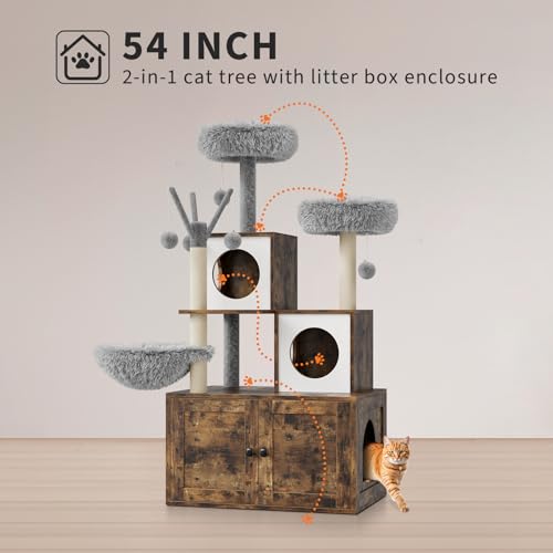 57.5-Inch Cat Tree with Litter Box Enclosure 2-in-1 Modern Cat Tower with Cat Condo/Hammock/Scratching Post/Plush Perch/Removable Pompom Sticks/Caves, Wooden Hidden Litter Box Furniture, Oak Brown