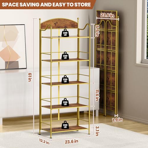 Folding Bookshelf No Assembly, 5 Shelf Black Folding Bookcase, Industrial Tall Metal Collapsible Corner Book Shelf with Storage Shelves for Bedroom, Living Room, Home Office Organization