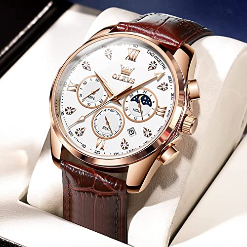 OLEVS Mens Watches Leather Chronograph Luxury Fashion Dress Analog Quartz Wrist Watch Luminous Waterproof Moon Phase Date