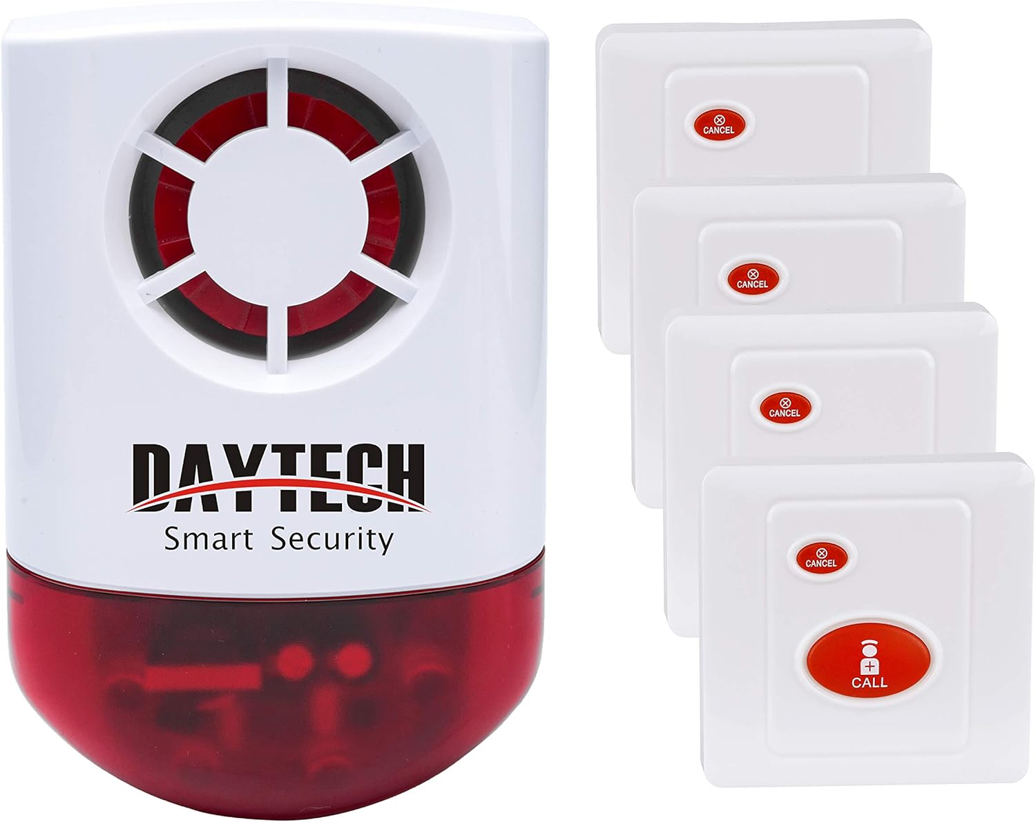 Daytech Remote Emergency Strobe Siren Alarm Kit Waterproof Outdoor Loud Panic Sos Warning System for Business Home Shop Hotel School 800ft 1 Red Flashing Siren+ 4 Call Buttons