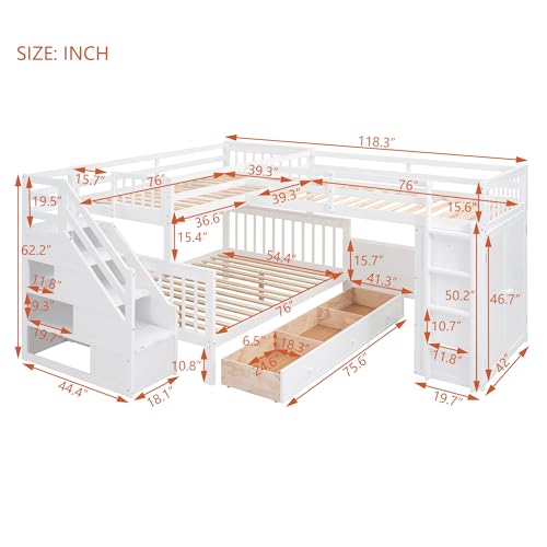 Harper & Bright Designs L-Shape Triple Bunk Beds with Stairs, Desk,Wardrobe, Wood Twin-Over-Full Bunk Bed with Storage, Shelves and Drawers, 3 Beds Bunk Bed with Staircase for Kids Teens, Espresso