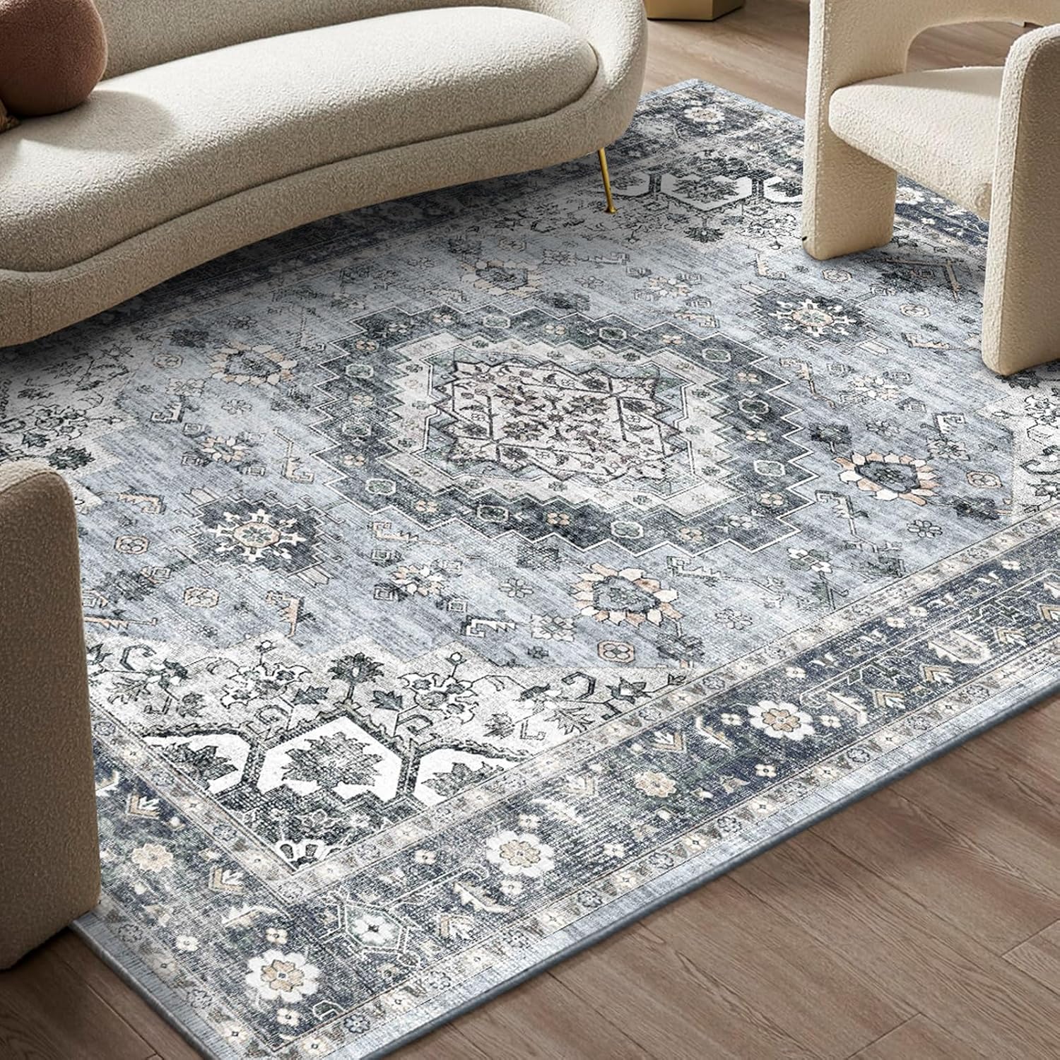 5x7 Area Rugs - Machine Washable Area Rugs 5x7 for Living Room, Soft Washable Rugs 5x7, Non-Slip Washable Area Rug, Stain Resistant Boho Low Pile Thin washable rug 5x7