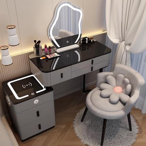 Vanity Mirror with Lights and Desk,Vanity Makeup Table Set,Makeup Vanity Table Wit Round 3-Colors Lights,with Cushioned Stool,with 2 Drawers and Storage Shelves,Innovative Glass Table Top for Cosmetic