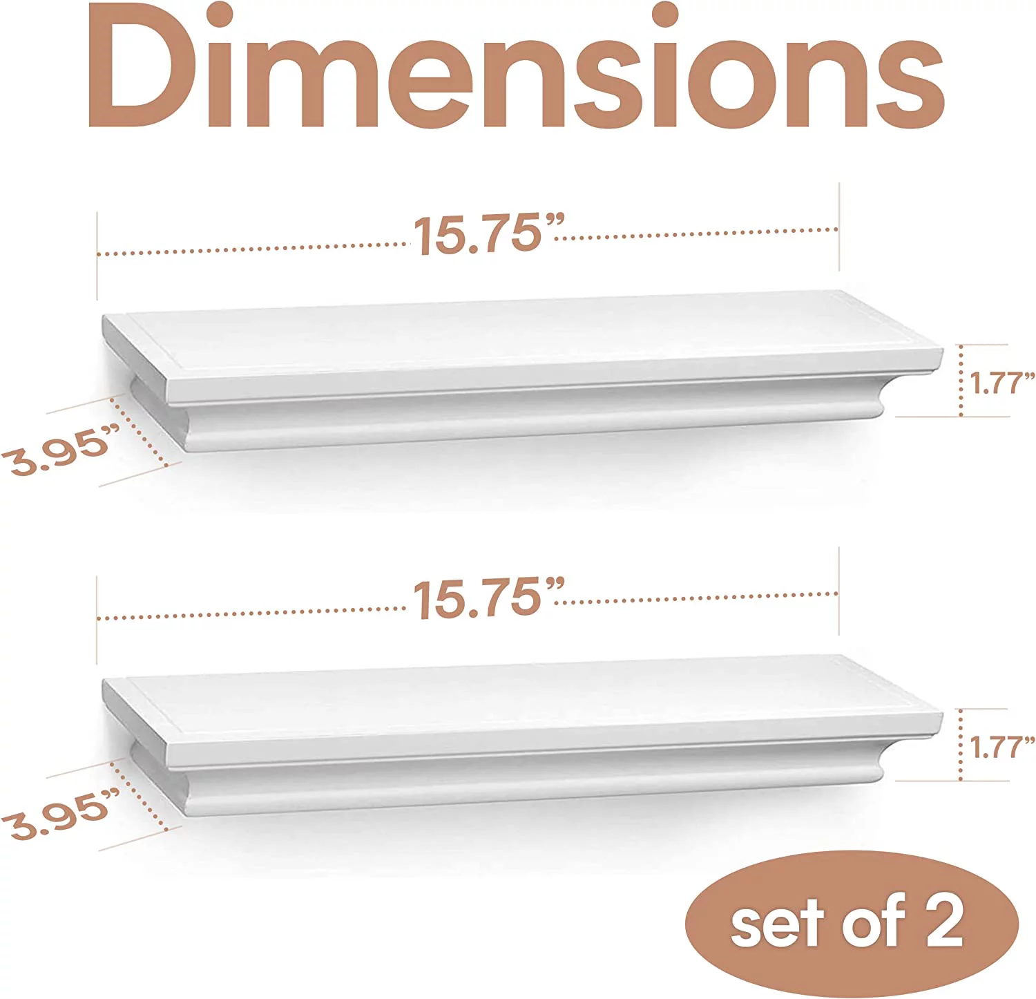 Set of 2 Halter 3 lb Floating Wall Shelves for Bedroom, Bathroom, Living Room, and Kitchen - White Wood Wall Storage