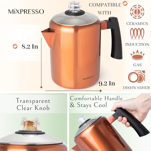 Mixpresso Stainless Steel Stovetop Coffee Percolator, Percolator Coffee Pot, Excellent As Camping Coffee Pot, 52 oz 12 Cup Stainless Steel Coffee Percolator Camping Coffee Makers