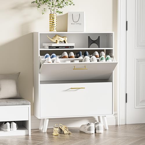 Shoe Cabinet for Entryway, Slim Shoe Storage Cabinet with 2 Flip Drawers, Freestanding Shoe Organizer with Open Shelf for Hallway, White