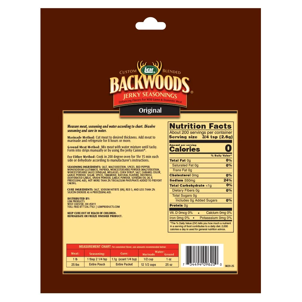 LEM Products Backwoods Original Jerky Seasoning, Ideal for Wild Game and Domestic Meat, Seasons Up to 25 Pounds of Meat, 18.3 Ounce Packet with Pre-Measured Cure Packet Included