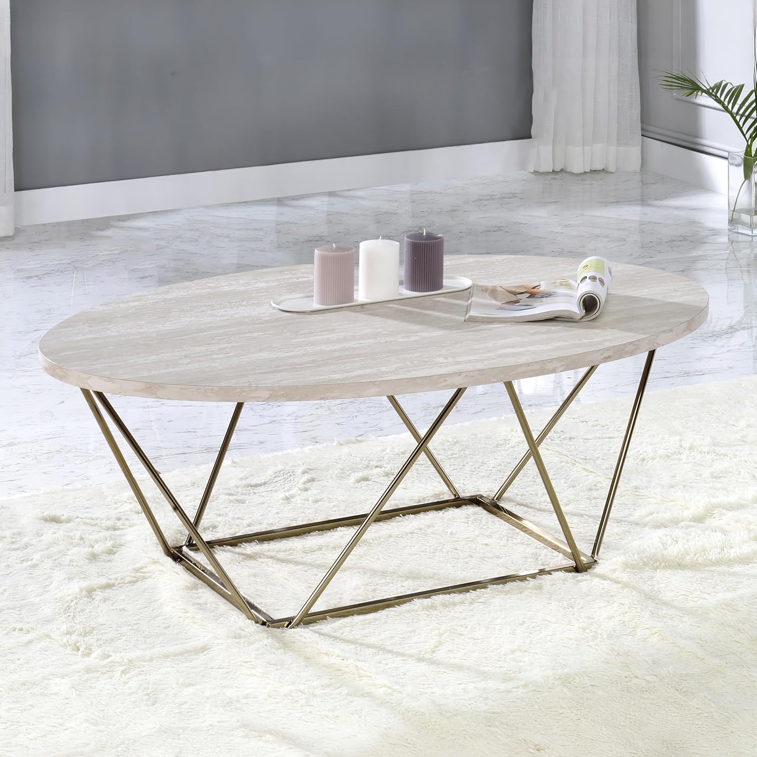 Modern Oval Coffee Table Faux Marble Top Cocktail Table with Gold Metal Legs Center Accent Table Coffee Tables for Living Room Reception Room Office