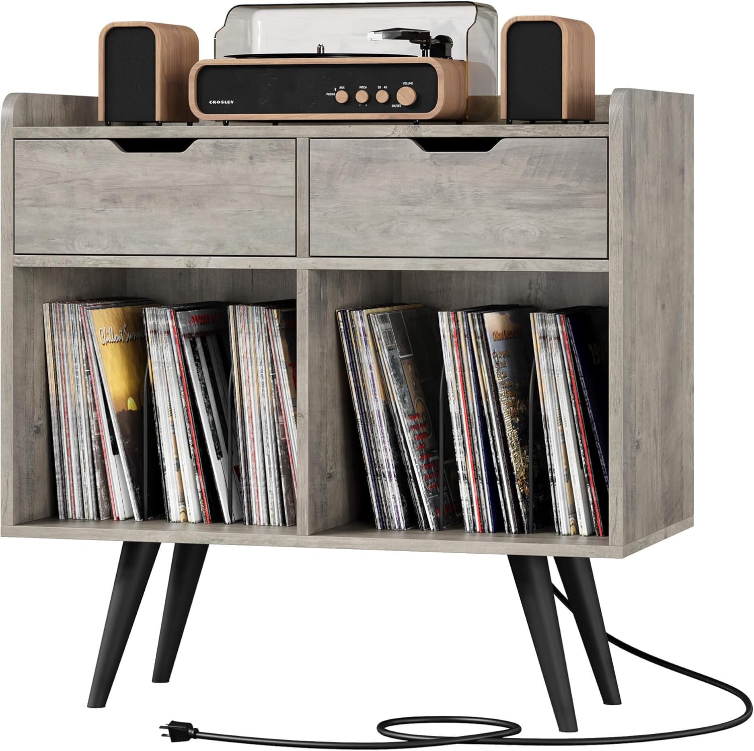 Record Player Stand with Storage, Farmhouse Record Table Cabinet with Power Outlet & Drawers, Large Wooden Turntable Stand for Album in Living Room Bedroom, Gray