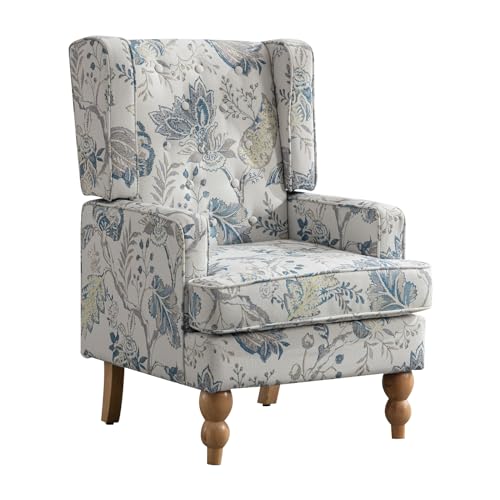 Simore Wingback Living Room Chair,Floral Upholstered Accent Chairs Set of 2,Modern Button Printed Fabric Armchair with Sturdy Wood Legs and High Back for Reading in Bedroom/Home Office/Study, Blue