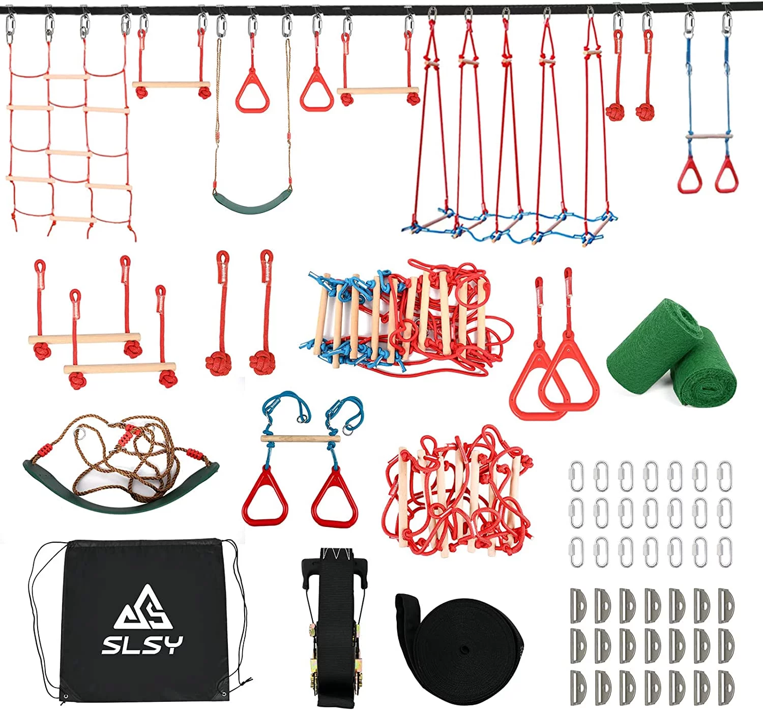 ABORON Ninja Warrior Obstacle Course for Kids, 60FT Durable Ninja Slackline Kit with10 Obstacles & Bag, Durable Playset Equipment with Monkey Bar,Trapeze Swing,Climbing,Ladder