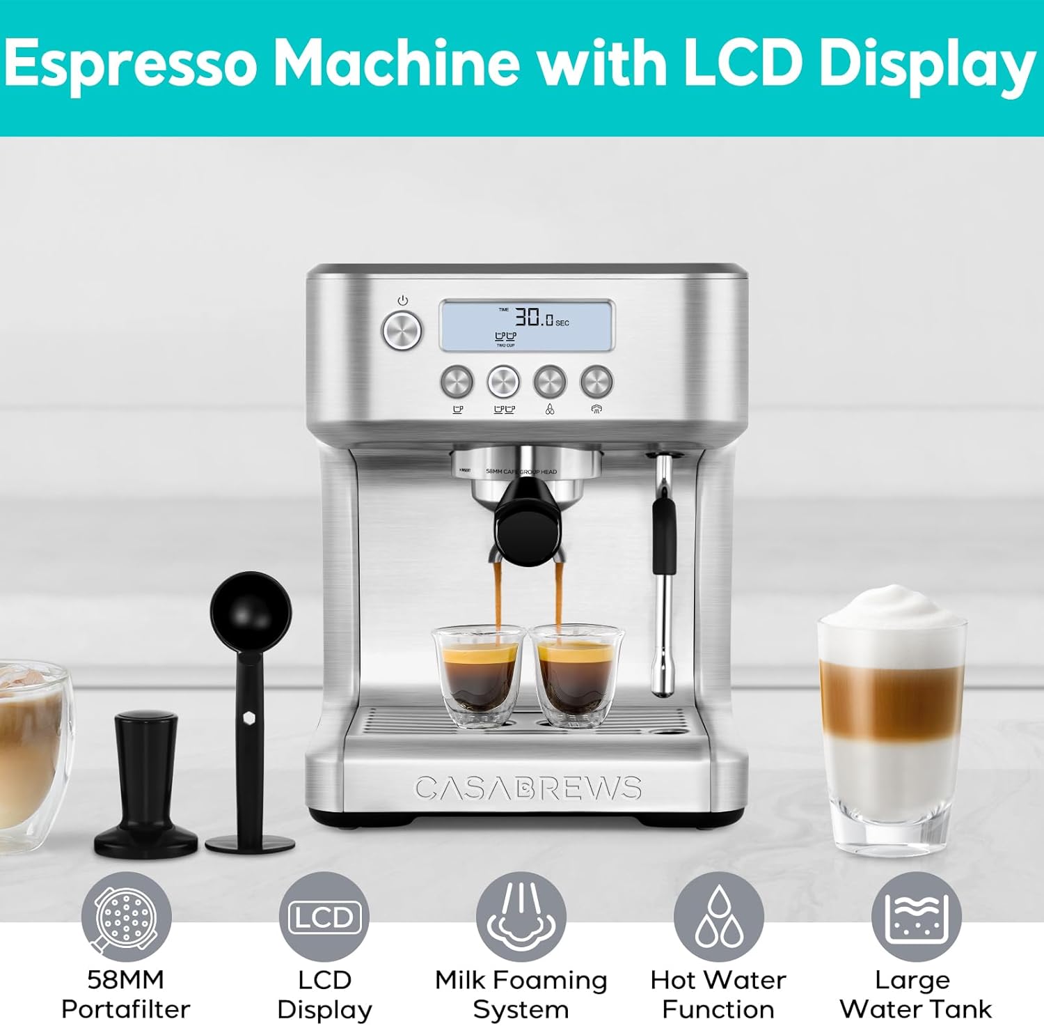 CASABREWS Espresso Machine with LCD Display, Barista Cappuccino Maker with Milk Frother Steam Wand, Professional Latte Coffee Machine with Adjustable Extraction Temperature, Gifts for Dad, Mom