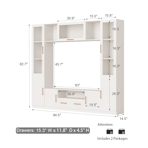 Entertainment Wall Unit for Living Room with Storage Bridge, Modern TV Stand with Glass Doors & Shelves, TV Media Console Table for TVs Up to 70