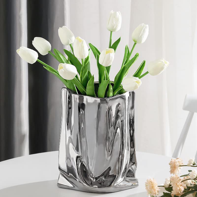 Sliver Ceramic Vase - 7.9 Inch Tall Flower Vase Minimalist Nordic Style for Home Decor, Centerpiece Vases for Wedding Dinner Table Party Living Room Office Bedroom