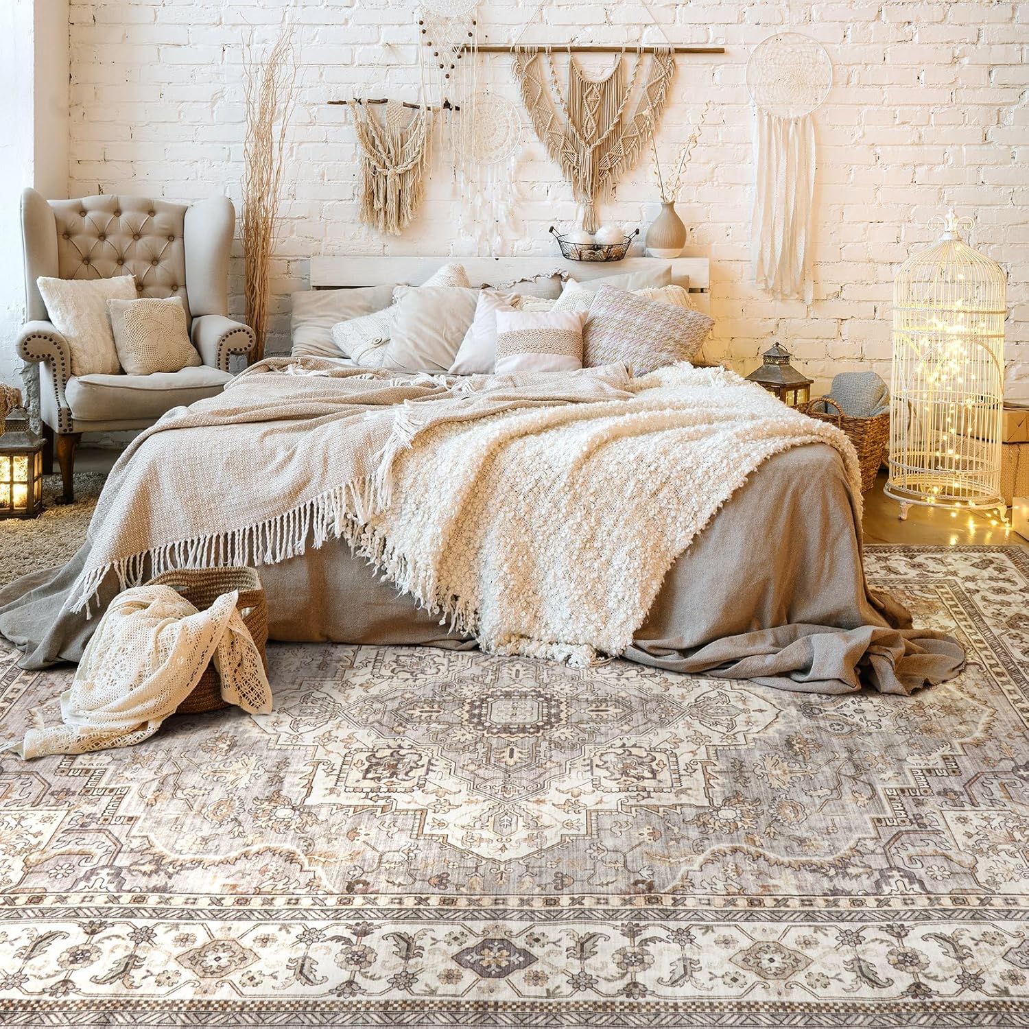 Washable Area Rugs for Living Room - 8x10 Neutral Vintage Distressed Floral Farmhouse Boho Large Soft Floor Rug Indoor Non Slip Carpet for Living Room Bedroom Dining Room Office - Grey