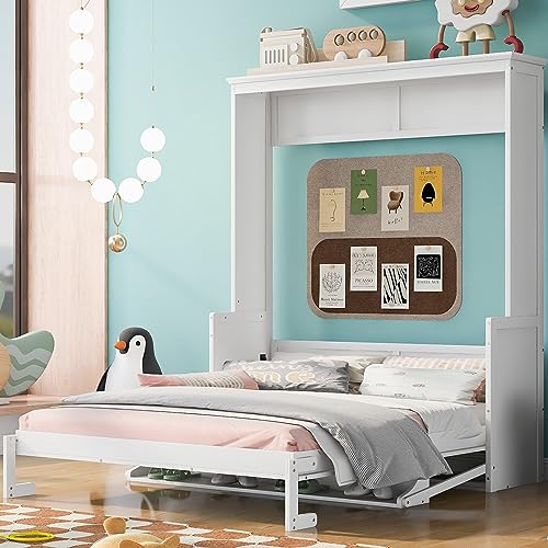 Queen Size Murphy Bed with Foldable Shelf/Desk, Wall Bed cabinet with Storage Shelves, Solid Pine Wood Murphy Bed Frame with Desk for Bedroom, Small Space,with Slats Support,No Need Spring Box.(White)
