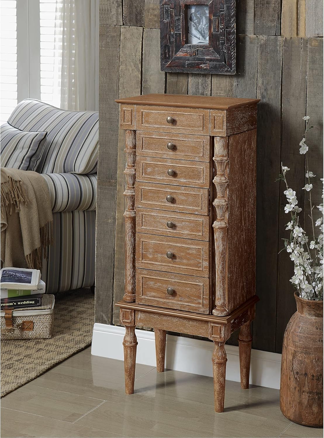 Ergode Taline Jewelry Armoire: Weathered Oak Finish, Mirror Lid, 6 Drawers, Side Doors with Hooks. Elegant Design