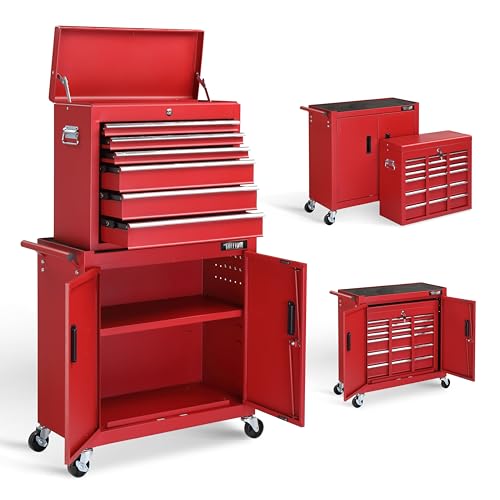 TUFFIOM 5-Drawer Rolling Tool Chest Storage Cabinet w/Drawers, Wheels, Detachable Top & Adjustable Shelf, Mechanic Tool Organizer Box for Garage, Workshop, Warehouse & Repair Shop, Red & Black