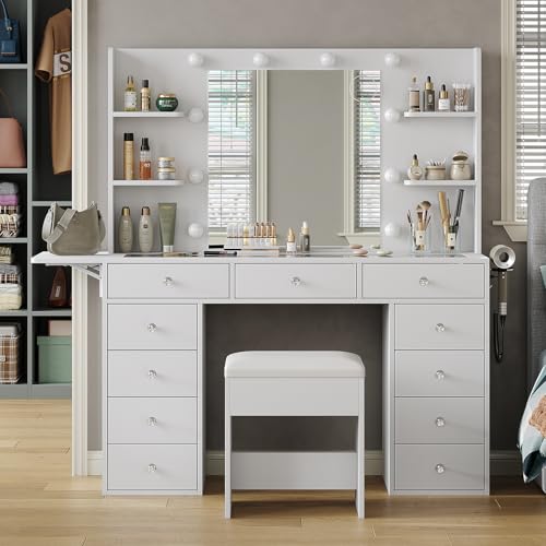 Vanity Desk with Power Outlet, 11 Drawers Makeup Vanity with Lighted Mirror, 3 Colors Adjustable, Glass Top Vanity with Chair, 4 Shelves and Fold-up Panel, Dressing Table for Bedroom, White