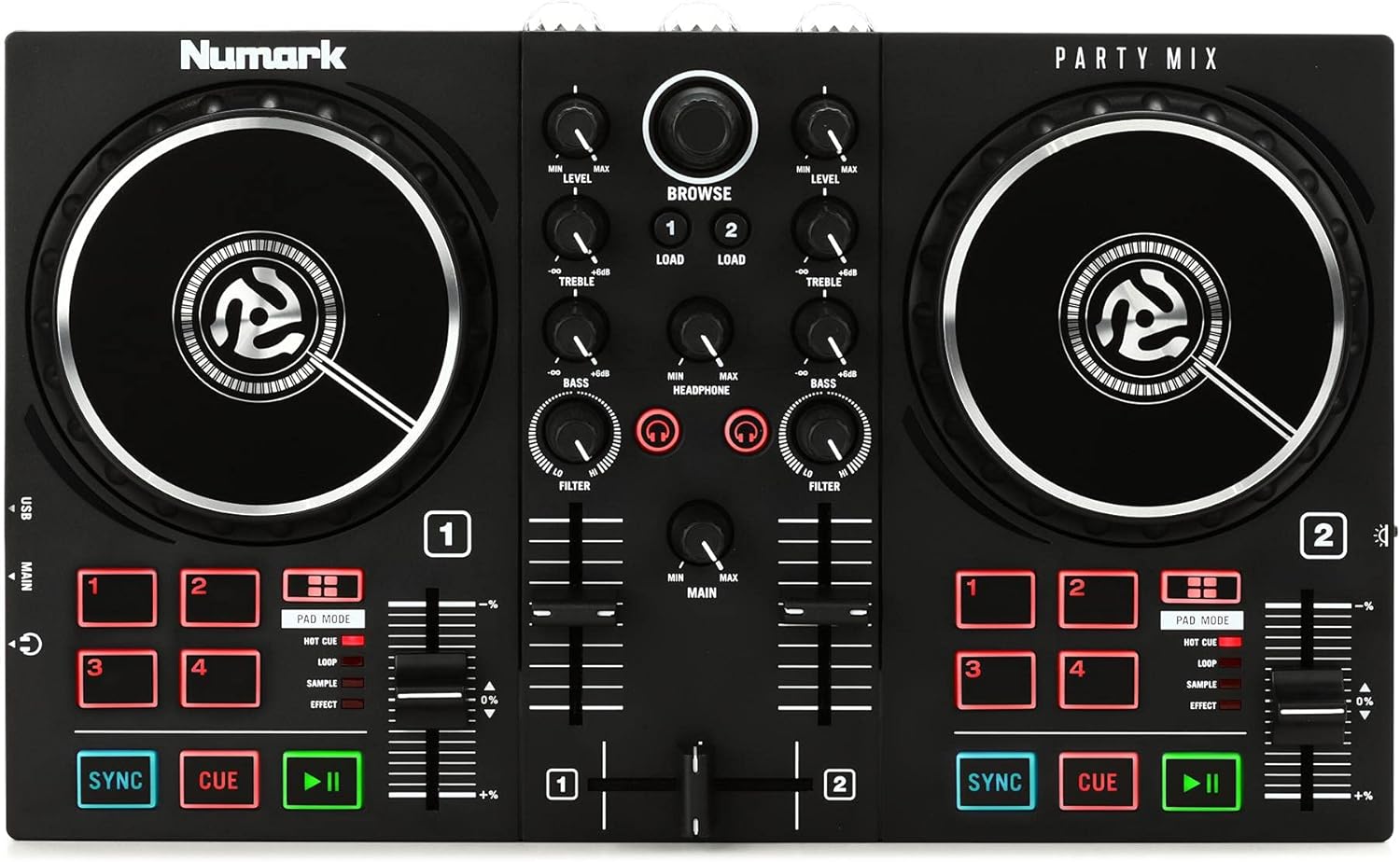 Numark Party Mix II DJ Controller with Built-in Light Show Bundle with CMR-210 Stereo Breakout Cable - 3.5mm TRS Male to Left and Right RCA Male - 10 foot