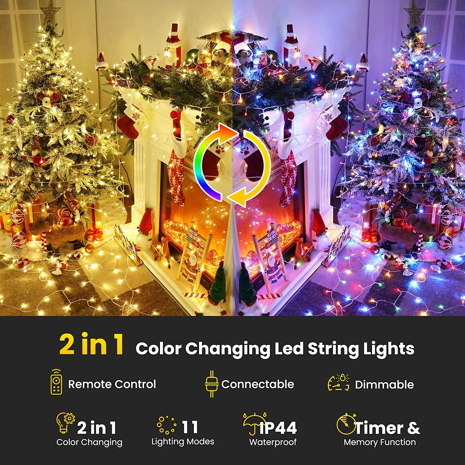Color Changing Christmas Lights 75ft 200 LED Warm White Multicolor Christmas String Lights with Remote, 11 Modes Christmas Twinkle Lights for Christmas Party, Garden, Holiday Xmas Tree Decorations