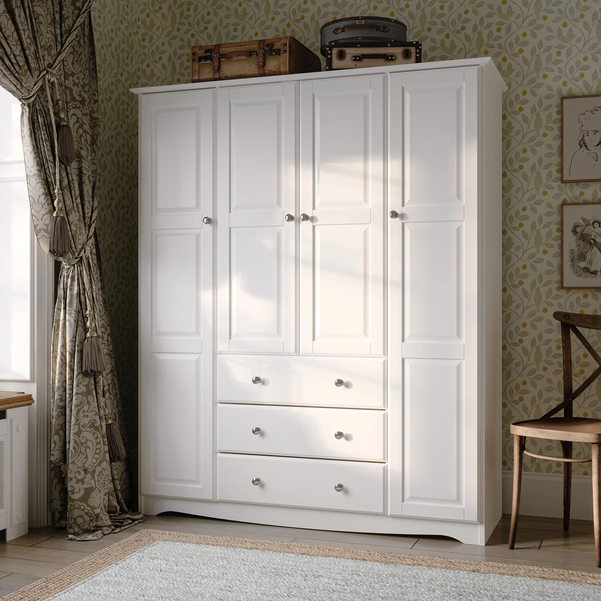 Palace Imports, Inc. Palace Imports 100% Solid Wood Family 4-Door Wardrobe Armoire with Metal or Wooden Knobs White-Metal Knobs - Radiant Selections