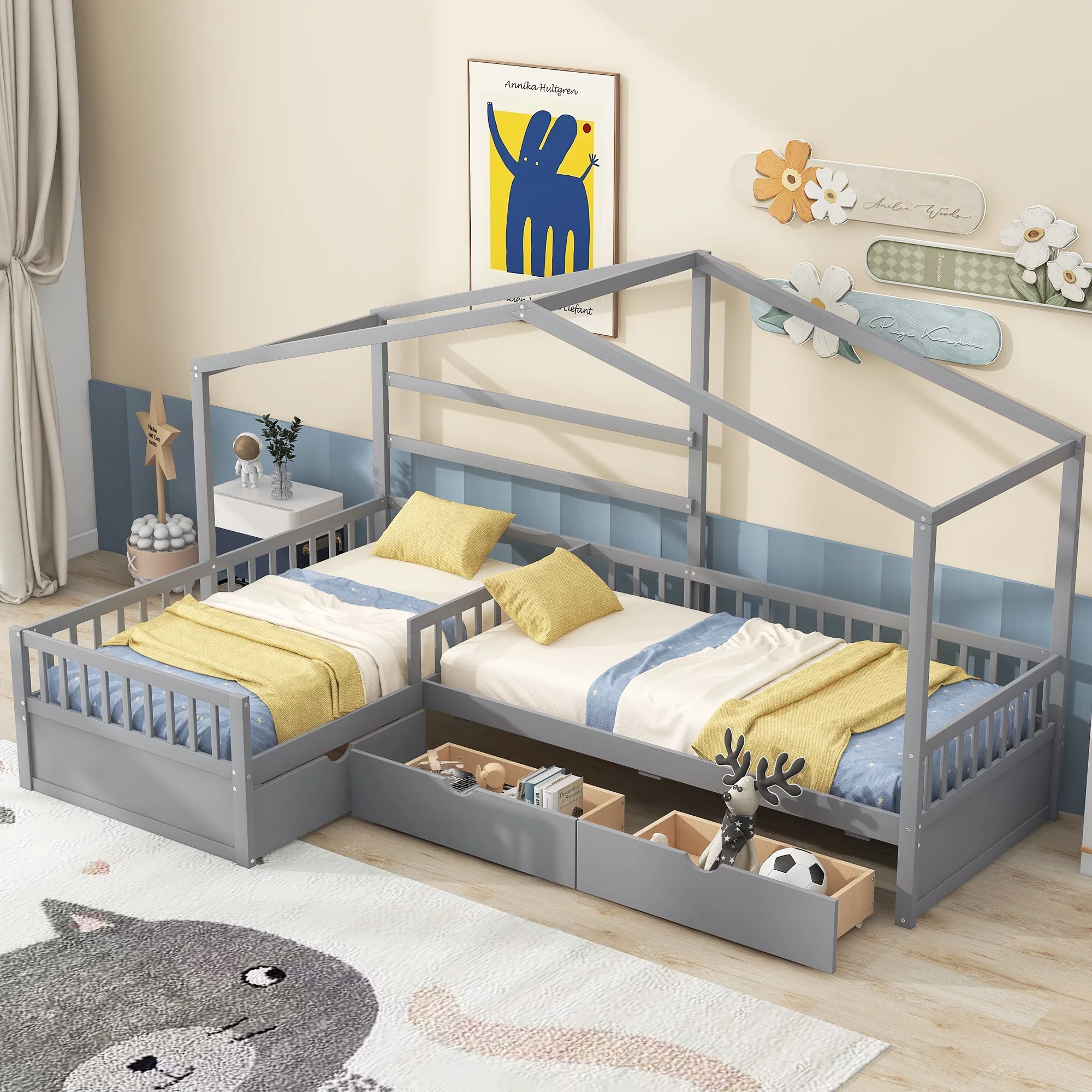 Churanty L Shaped Twin Bed for 2 Kids, Twin Size House Platform Bed with 3 Storage Drawers, Wood Double Twin Beds with Fence and Roof, Corner Twin Bed for Boys & Girls,Gray