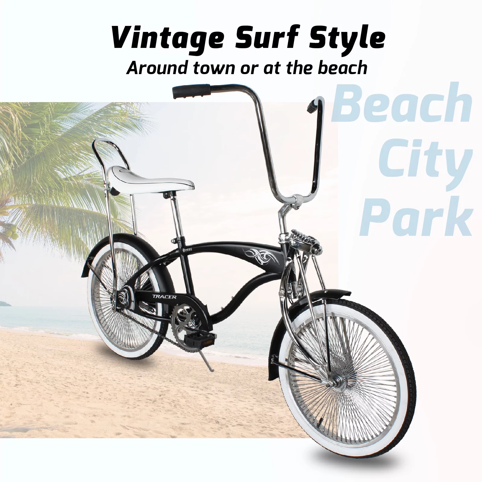 Tracer Hyena Classic Beach Cruiser Bike, City Bike, Lowrider Springer Fork Bike Retro Banana Seat,High Rise Handlebar, Coaster Brakes, 20 inch Wheels, 20X1.75 Fat Tire Matte Black - Radiant Selections