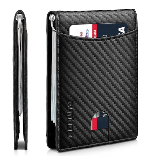 RUNBOX Genuine Leather Slim Wallet for Men RFID Blocking Bifold Minimalist Front Pocket Mens Wallet with Money Clip Thin Gift Box