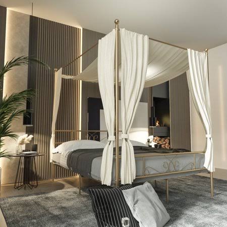 Goldwing 4-Post Metal Full Canopy Bed Frame with Headboard and Footboard, Full, Gold