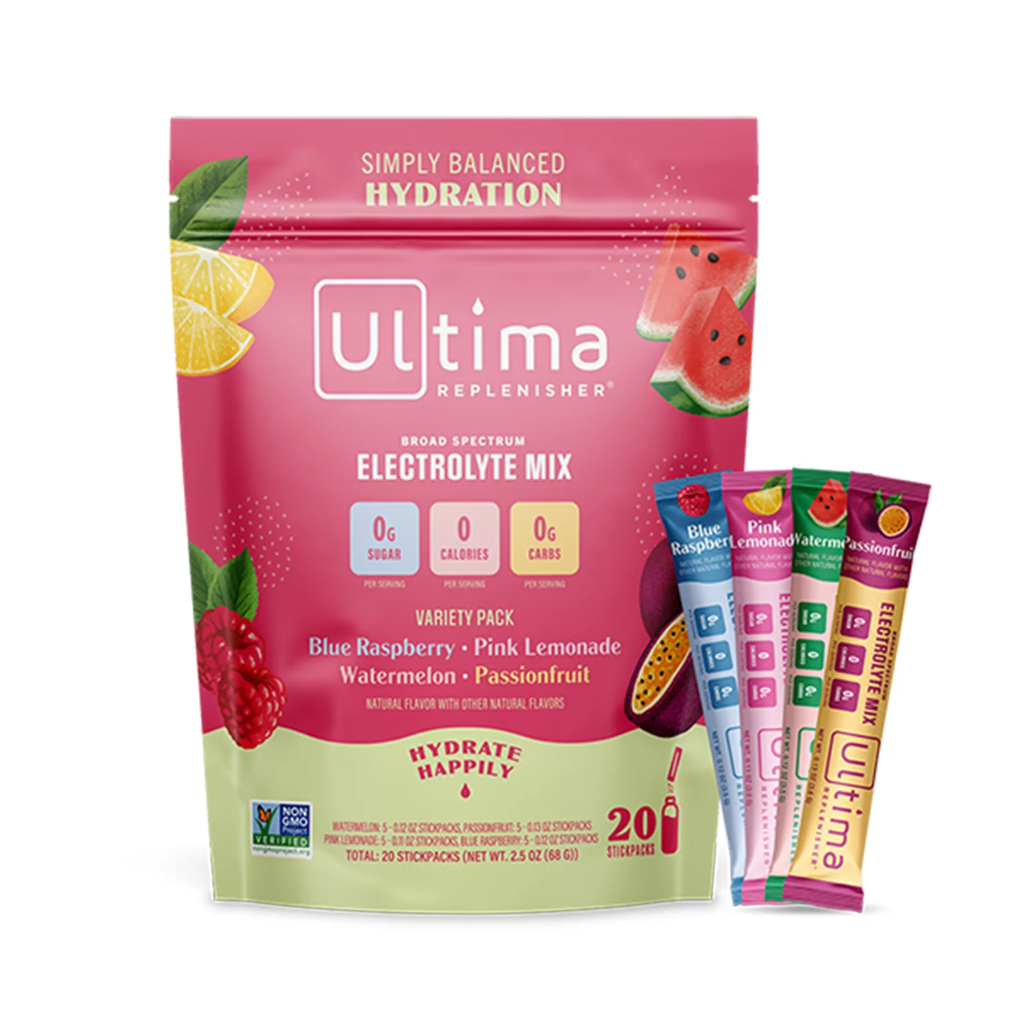 Ultima Replenisher Electrolyte Hydration Powder, Tropical Variety Pack, 20 Count Stickpack Pouch - Sugar Free, 0 Calories, 0 Carbs - Gluten-Free, Keto, Non-GMO with Magnesium, Potassium