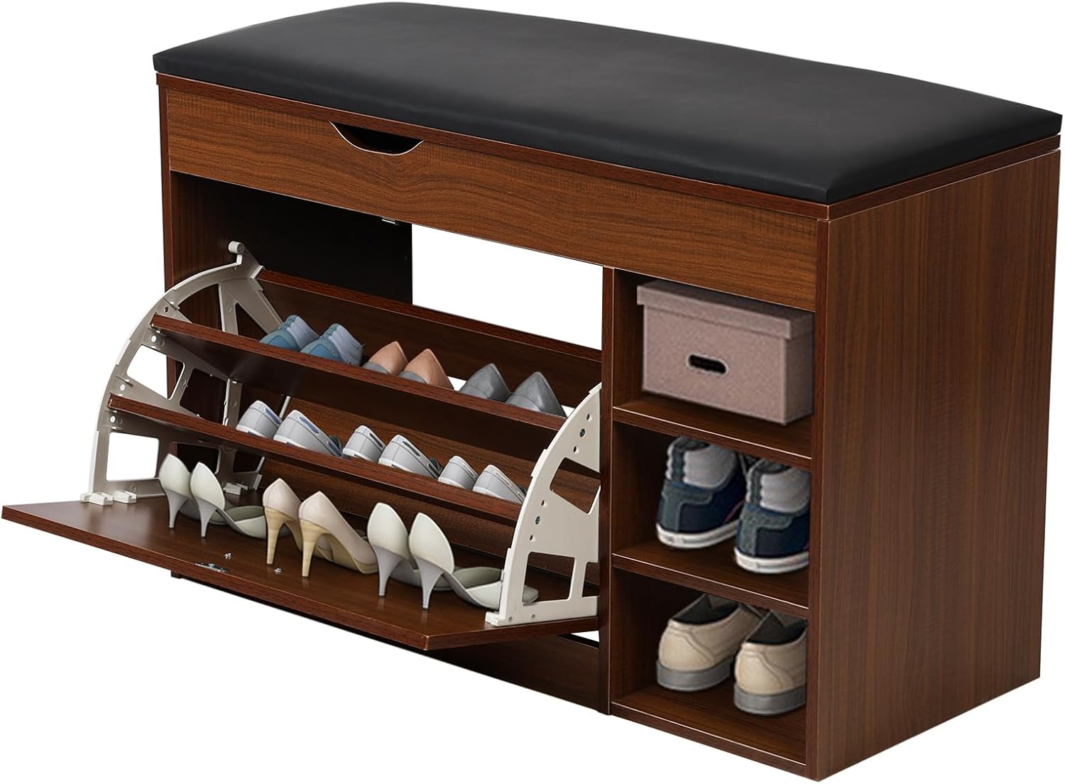 Storage Bench with Flip Drawers & Padded Seat Cushion, 3 Tiers Hallway Bench, Shoe Cabinet Shoe Bench, Hidden Shoe Rack Bench for Hallway, Bedroom