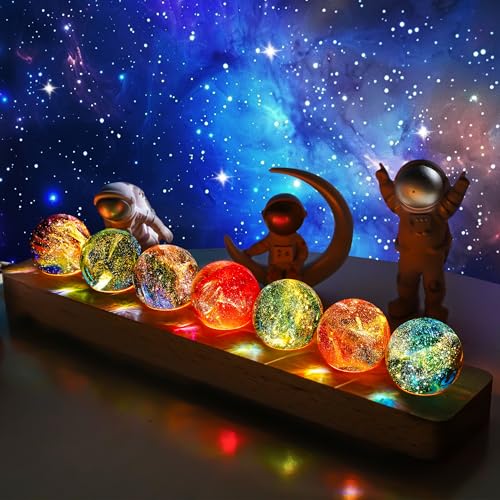 H&D HYALINE & DORA 7 Pcs Crystal Glass Balls 1.5 Inch Decorative Ball Set Crystal Chakra Balls with LED Wooden Base Sphere Balls Night Light for Decorate Vases Tables Wedding Party