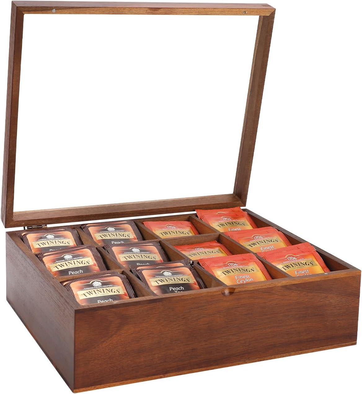 Acacia Wooden Tea Bag Organizer and storage box, 12 Compartments tea holder organizer,tea chest with Clear Acrylic Top Window and Magnetic Lid (Upgraded）
