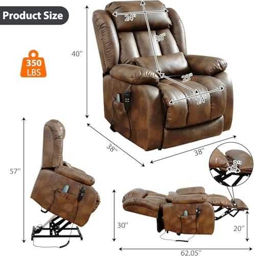 EDILLY Large Genuine Leather Power Lift Recliner Chairs for Elderly, Dual Motor with Massage and Heating,Double Lumbar Cushion and Extended Footrest,USB&Type-C Port and Remote(Brown)