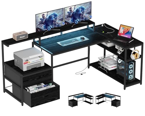 L Shaped Gaming Desk with Drawes,Computer Desk with Led Lights & Power Outlets, Reversible Home Office Desk with Shelves White