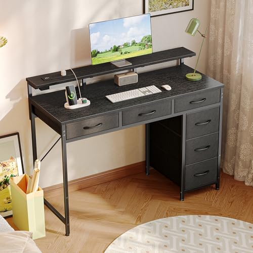 Huuger Gaming Desk with 6 Drawers, Computer Desk with LED Lights Power Outlets and Type-C, 47 Inch Office Desk with Storage, Monitor Stand, Writing Desk Work Desk Home Office, Bedroom, Study, Black