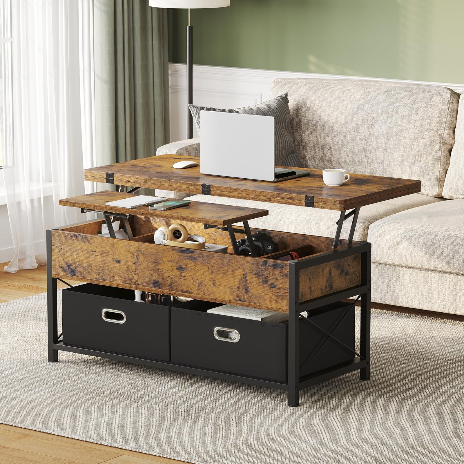 Lift Top Coffee Table with Storage Drawers, 4 in 1 Square Lift Center Tables with Hidden Compartment, Rustic Brown