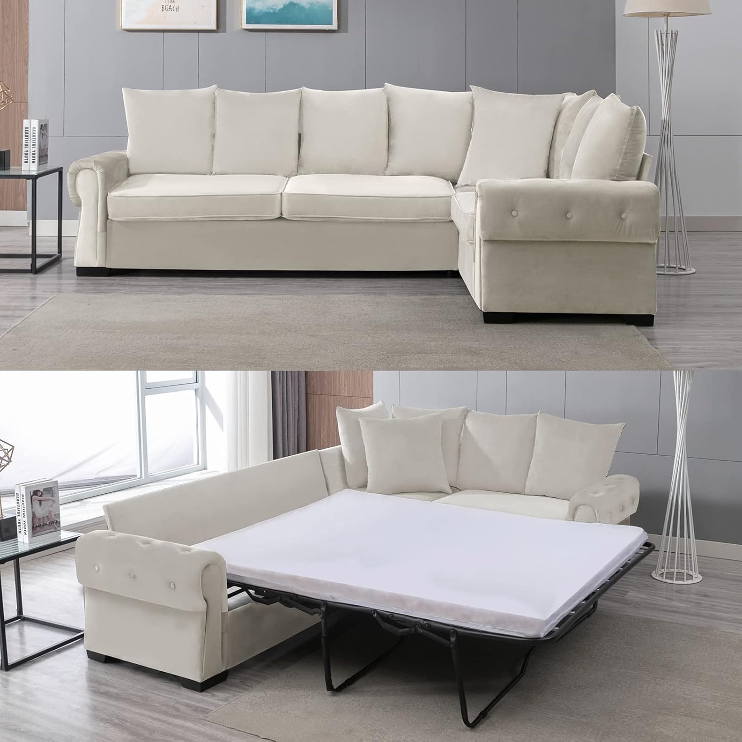 Mixoy Pull Out Sofa Bed, 2 in 1 Sleeper Sofa with Folding Foam Mattress, Multifunctional Pull Out Couch for Small Spaces, Living Room & Apartments, Beige