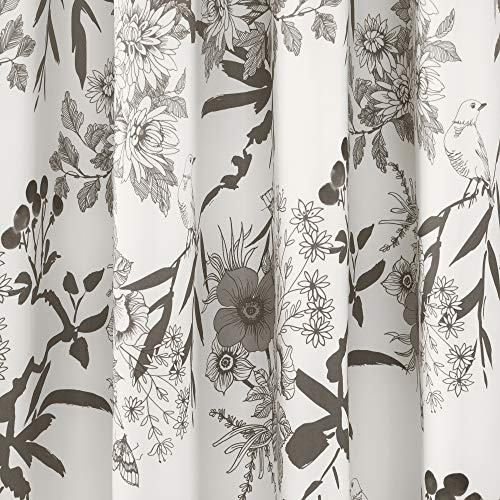 Lush Decor Botanical Garden Curtains Floral Bird Print Light Filtering Window Panel Drapes Set for Living, Dining, Bedroom (Pair), Gray, 52