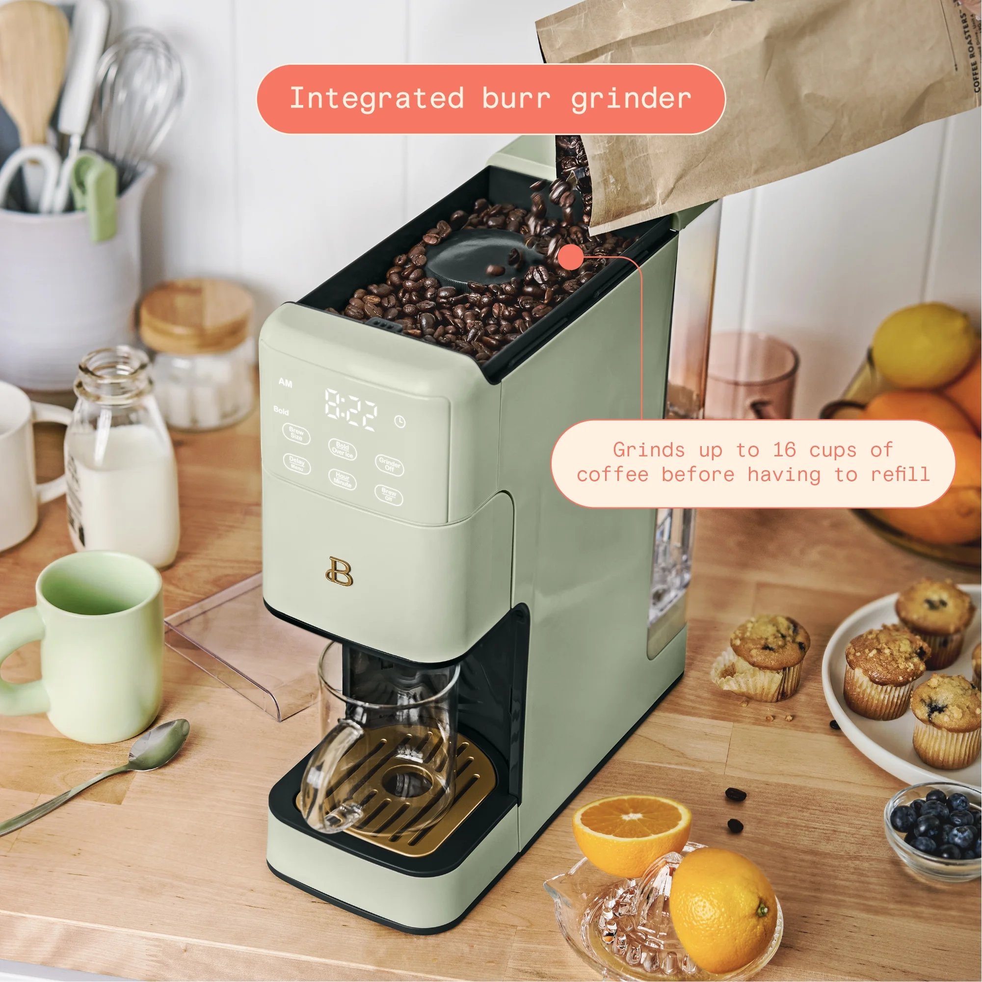 Beautiful Perfect Grind™ Programmable Single Serve Coffee Maker, Sage Green by Drew Barrymore