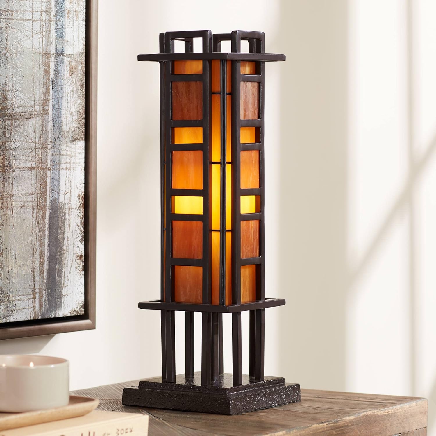 Robert Louis Tiffany Prairie Style Mission Rustic Pillar Accent Table Lamp Bronze Iron Column Hand-Cut Amber Stained Art Glass for Living Room Bedroom House Bedside Nightstand Home Office Family