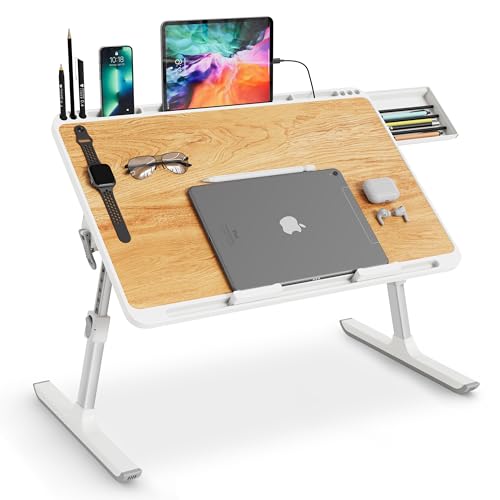 Laptop Desk for Bed, MONOMI Height & Angle Adjustable Laptop Stand for Bed，Light Weight Foldable Portable Lap Desks Trays with Storage Drawers, Lap Table for Eating, Working, Writing and Drawing