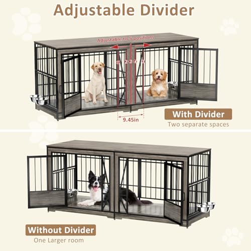 86 in Double Dog Crate Furniture for 2 Dogs, Extra Large Dog Cage with Adjustable Divider, Heavy Duty Dog Kennel Indoor with 4 Bowls, XXL Dog Crate Wooden TV Stand End Table for Large Breed, Brown