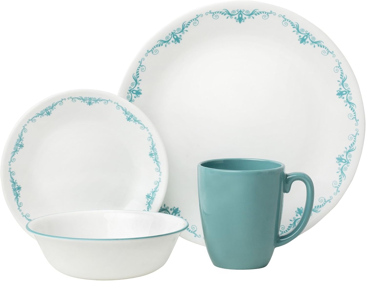 Corelle Livingware 16-Piece Dinnerware Set, Garden Lace, Turquoise/White