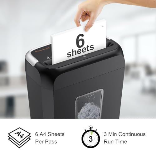 Bonsaii Paper Shredder for Home Use,6-Sheet Crosscut Paper and Credit Card Shredder for Home Office with Handle for Document,Mail,Staple,Clip-3.4 Gal Wastebasket(C237-B)